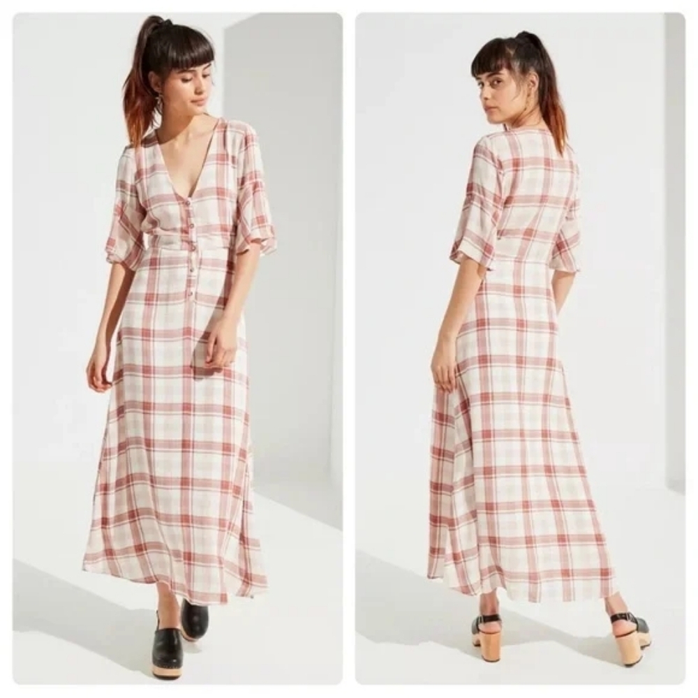 Urban Outfitters Plaid Gauzy Button Down 3/4 Sleeve Maxi Dress